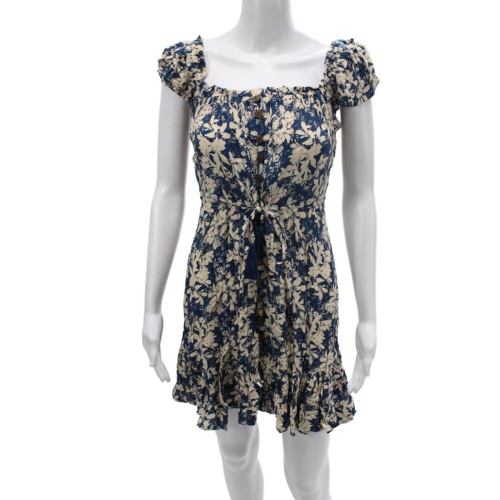 Tiare Hawaii Women Mini Dress Blue Floral Rayon Square Neck Size S